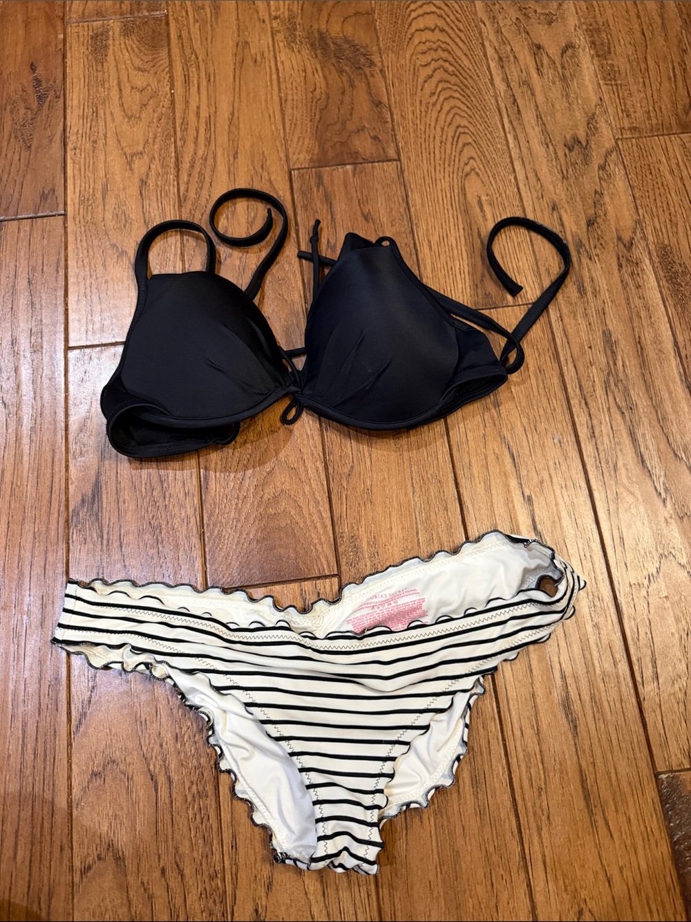 Victoria's Secret Black Bikini Top with White & Black Striped Bottom